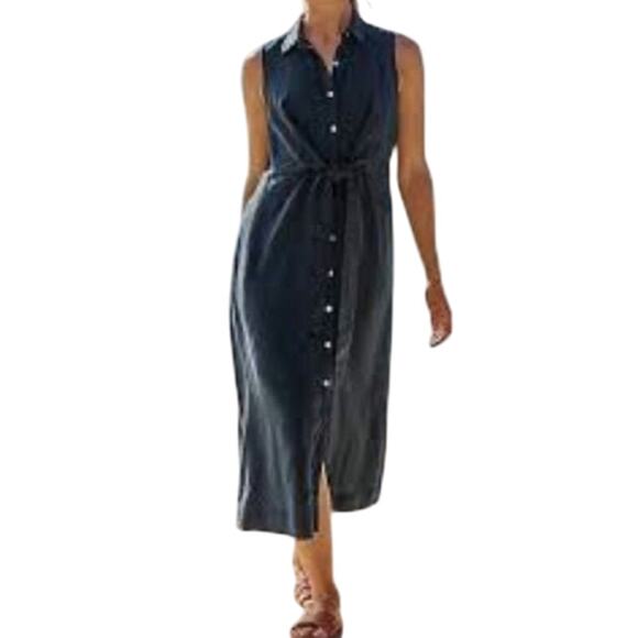 NWT J. Jill Button Tie Front Linen Midi Dress in Navy Blue - Picture 1 of 7